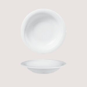 White 22cm deep plate by Devole, SKU dvl2CK00, angled and top view